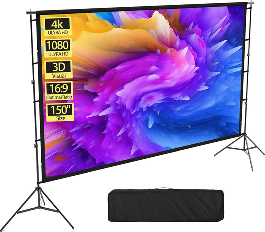 150 Inch Projector Screen and Stand, 16:9 4K HD Rear Front Projector Screen with Wrinkle-Free Portable Design,Indoor Outdoor Projection Screen with Heavy Water Bag & Carry Bag for Backyard Movie Night