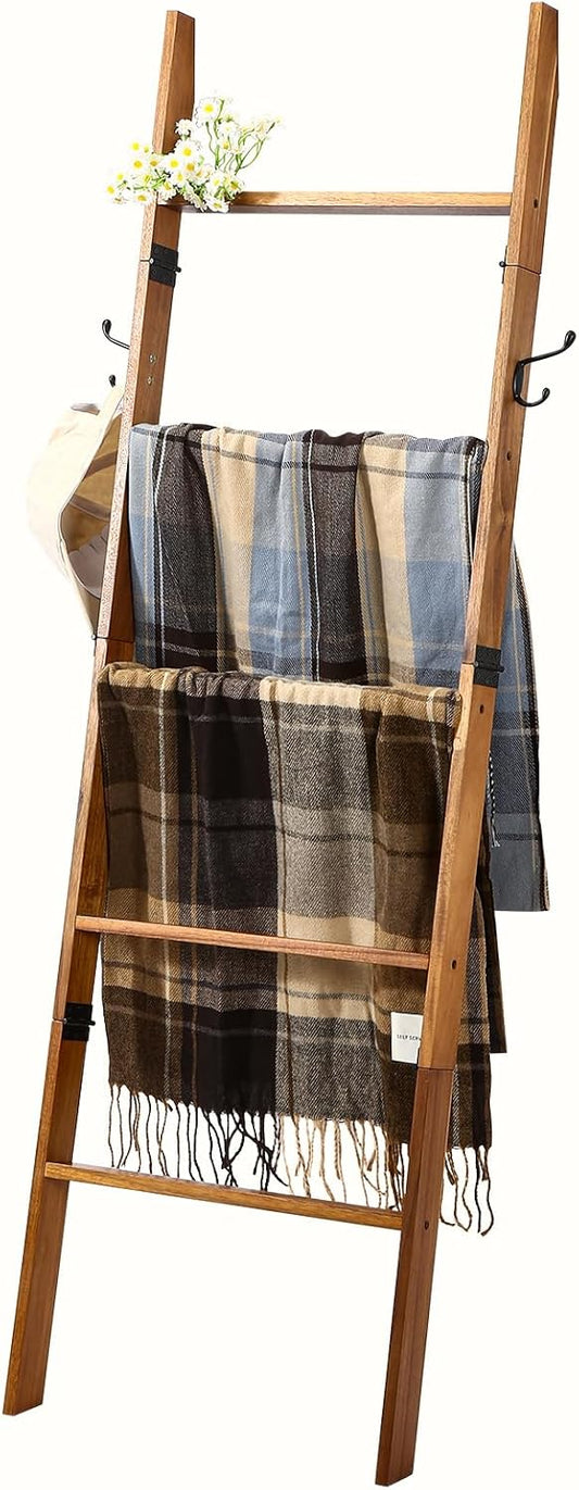 5-Tier Blanket Ladder for Living Room | 57.87'' Wooden Blanket Holder -Decorative Ladder for Blankets with 3 Removable Hooks-Easy Assembly Blanket Ladders for the Living Room-Bedroom-Home Decor, Brown