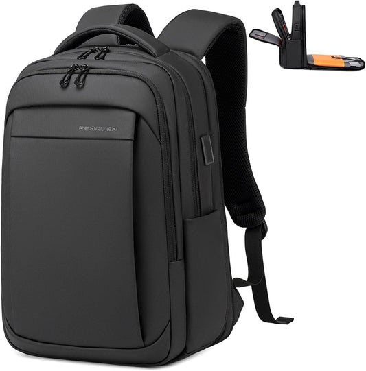 FENRUIEN Expandable Travel Backpack for Men, Water Resistant Computer Backpack with USB Charging Port，Black Backpack Laptop Bag 15.6 Inch