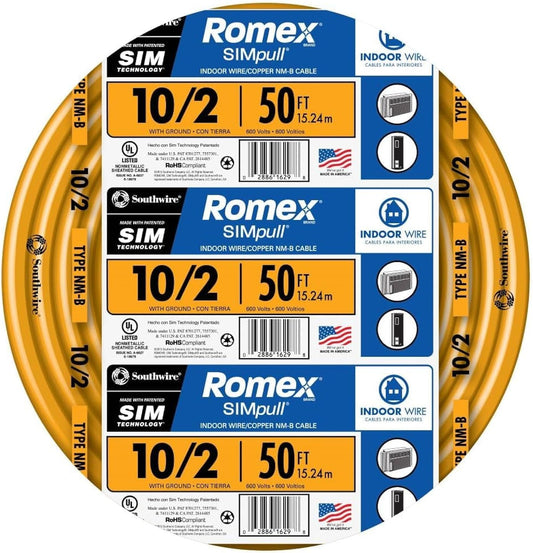 Southwire Romex Brand Simpull Solid Indoor 10\/2 W\/G NMB Cable 50ft coil - SW# 28829022