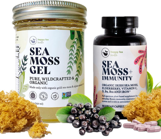 HAPPY FOX Immunity Bundle - Organic Sea Moss Gel, Gold, 8 fl oz & Organic Irish Sea Moss Capsules with Sambucus Elderberry for Immunity Defense, Vitamins C, D3, B9, B12, & Iron, 90 Count