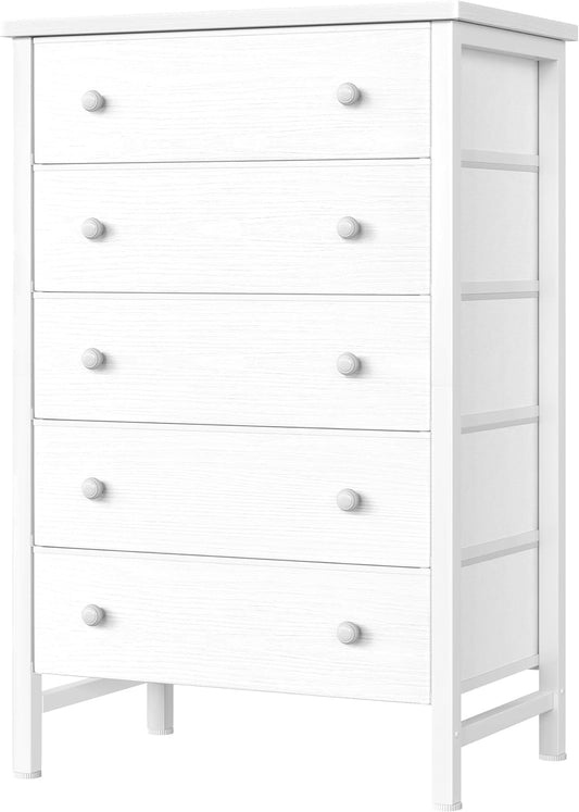 BOLUO White Chest of Drawers for Bedroom Dresser with 5 Drawer Fabric Dressers Storage for Girls,Kids Closet Modern