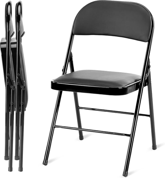 Simple Deluxe 2 Pack Folding Chairs with Leather Padded Cushion Seats & Durable Metal Frame, Comfortable, Foldable, Portable, Commercial Event Seat, Indoor Outdoor for Parties, Home, Office, Black