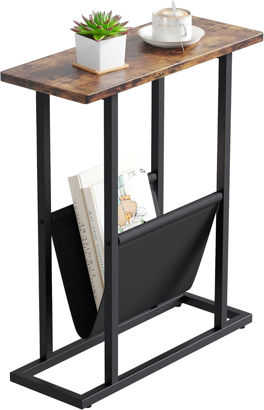 Yusong Small Narrow Side Table for Small Spaces, 17.7" W Slim End Table Magazine Table Nightstand with Storage Holder, Accent Skinny Snack Couch Bedside Table, Rustic Brown, Complete Iron Pipes