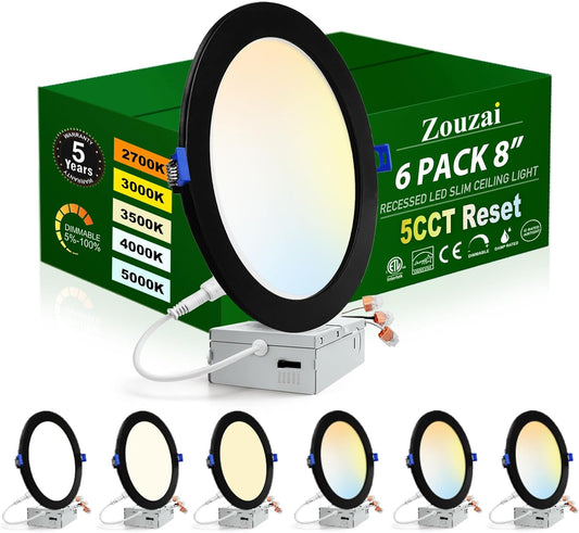 zouzai 6 Pack 8 Inch Black 5CCT Ultra-Thin LED Recessed Ceiling Light with Junction Box 2700K\/3000K\/3500K\/4000K\/5000K Selectable, 18W 1685 LM Dimmable, led can Lights ETL and Energy Star Certified