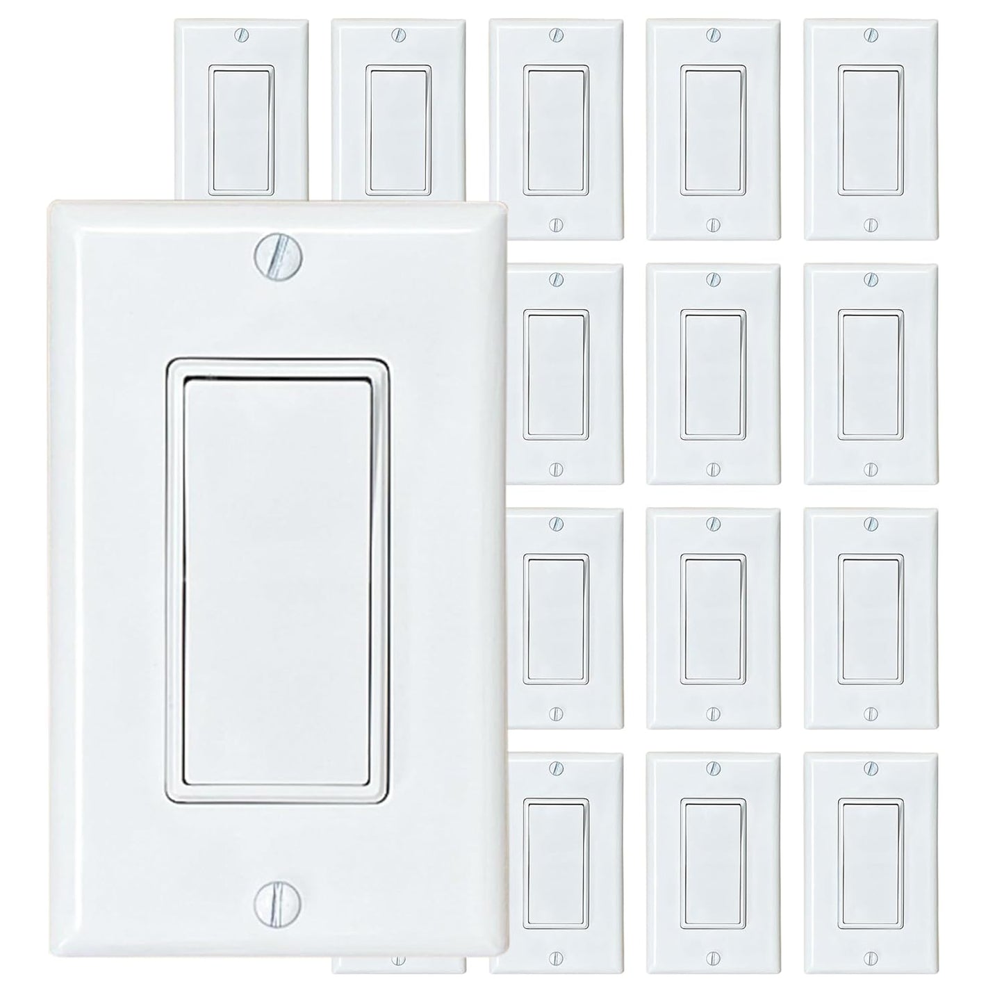 [20-Pack] PROCURU Decorator Paddle Rocker Light Switch, Single Pole, 3-Wire, Grounding 15A 120V-277V, White, UL Certified, Includes Wall Plate Covers
