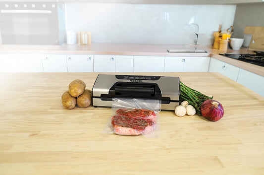 Nesco FreshLock Pro VS-15 Stainless Steel Vacuum Sealer, moist and dry seal, roll storage, 120 watts, with bags and rolls, simple and easy to use