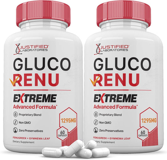 (2 Pack) Gluco Renu Extreme 1295MG Glyco Support Pills Advacned Formula Gluo Renew Glycogen Support Formulated with Turmeric Berberine Resveratrol Garlic Bitter Melon Milk Thistle 120 Capsules
