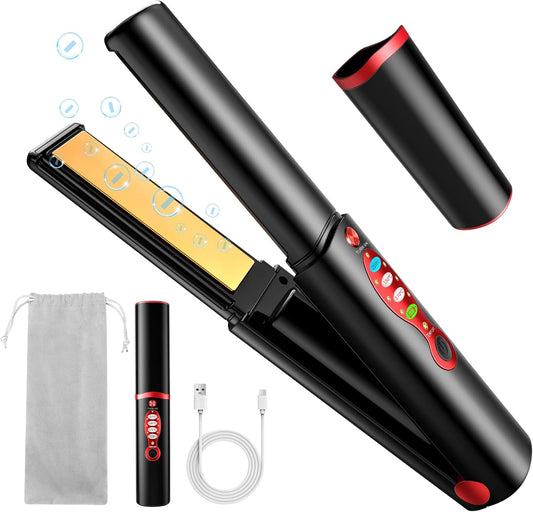Cordless Titanium Hair Straightener and Curler, Mini Portable USB Rechargeable Fast Heat Up Flat Iron with 5V\/5000mAh Battery, Anti-Scald 3-Level for Swift, Smooth and Glossy Hair, Travel Size (Black)