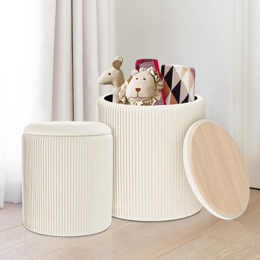2PC Round Velvet Ottoman with Storage & Upholstered Pouf Foot Rest for Dorm, Boho Coffee Table Stools, Cute Circle Ottoman with Storage, Multifunctional Velvet Storage Ottoman for Living Room, Bedroom