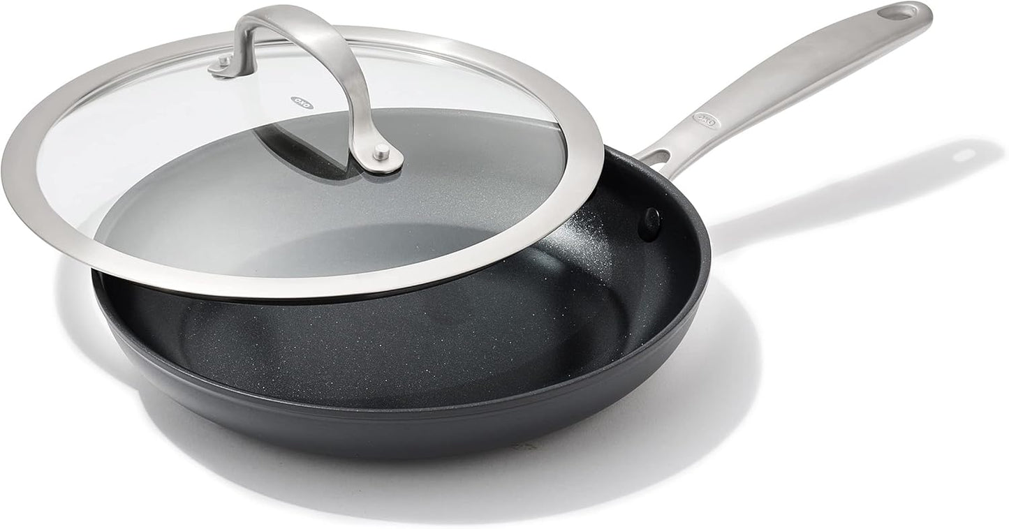 OXO Good Grips Pro, 9.5" Frying Pan Kitchen Skillet with Lid, 3-Layered German Engineered Nonstick Coating, Dishwasher Safe, Oven & Broiler Safe, Stainless Steel Handle, Black