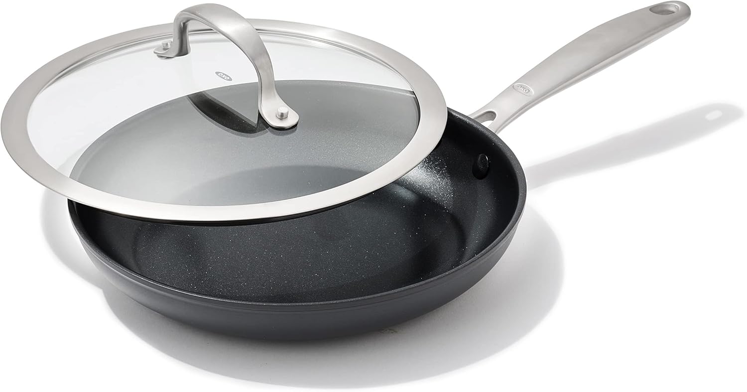 OXO Good Grips Pro, 9.5" Frying Pan Kitchen Skillet with Lid, 3-Layered German Engineered Nonstick Coating, Dishwasher Safe, Oven & Broiler Safe, Stainless Steel Handle, Black