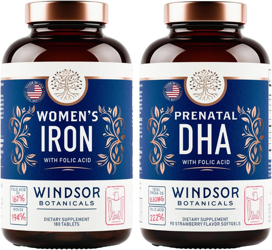 WINDSOR BOTANICALS Prenatal DHA and Iron Pills for Women with Folic Acid - Prenatal Vitamin Bundle