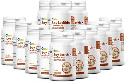 ALLBE Soy Lecithin Softgels, 500mg Lecithin with 4mg Beta-Carotene and 50IU Vitamin E Supplement, 12 Packs of 60 Antioxidant & Liver Function Support Capsules, Serving Size: 1 Softgel, 360 Days Supply