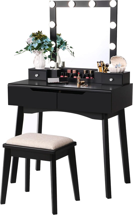 BEWISHOME Vanity Desk with Lighted Mirror, Makeup Vanity with Lights, Black Vanity Set Makeup Desk with 4 Drawers 2 DIY Dividers Removable Organizer Stool, Small Vanity Table Girls Vanity FST10H