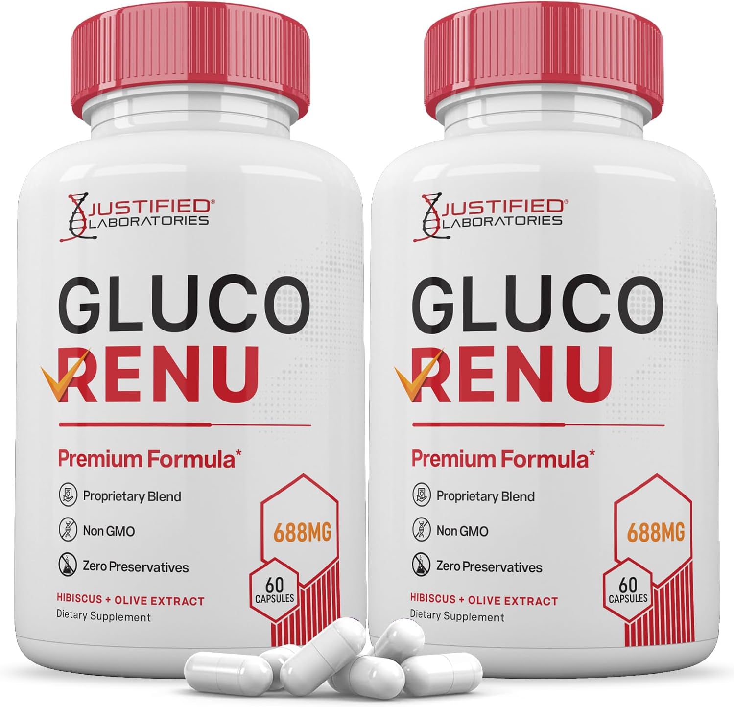 (2 Pack) Gluco Renu 688MG Glyco Support Pills Premium Formula Gluo Renew Glycogen Support Formulated Hawthrone Hibiscus Garlic Junpier Powder Olive Green Tea Extract 120 Capsules