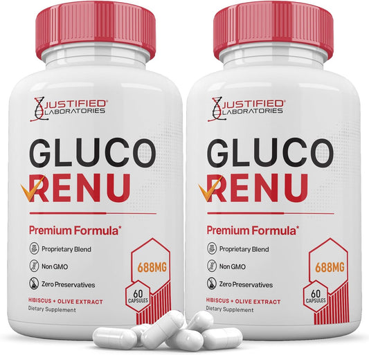 (2 Pack) Gluco Renu 688MG Glyco Support Pills Premium Formula Gluo Renew Glycogen Support Formulated Hawthrone Hibiscus Garlic Junpier Powder Olive Green Tea Extract 120 Capsules