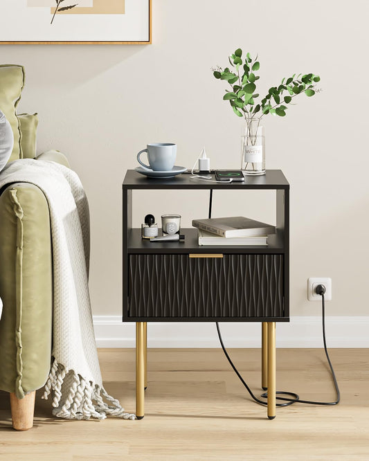 Aienvey Night Stand Charging Station, Modern Bedside Table with Storage Drawer, Small Side Table with Open Wood Shelf, Nightstand, End Table for Bedroom, Living Room, Black