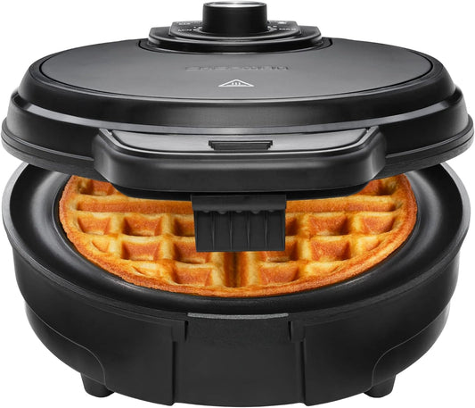 Chefman Anti-Overflow Waffle Maker, Belgian Waffle Iron with Seven Crunch Selector Settings, Mess-Free Moat Catches Excess Batter, Nonstick Electric Single Griddle Mold Makes 6-Inch Round Waffles