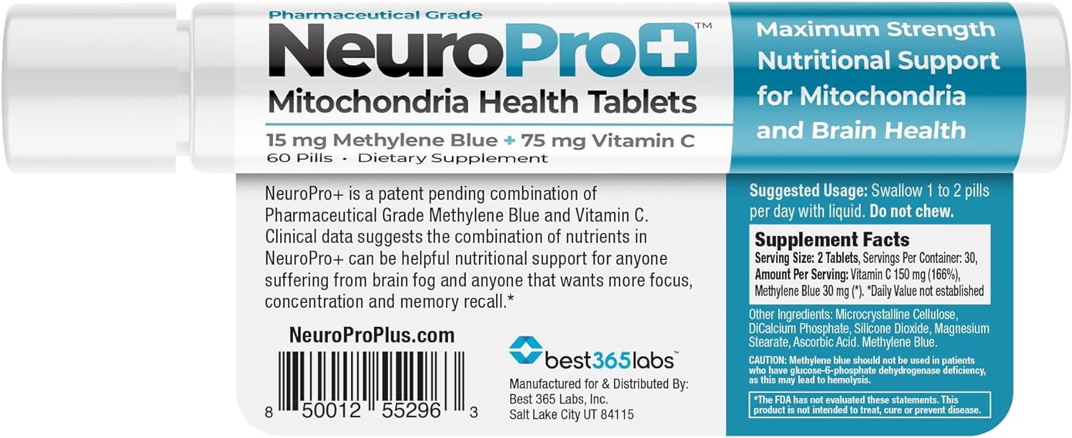 Best 365 Labs NeuroPro+ Maximum Strength Mitochondria Health Tablets - Methylene Blue and Vitamin C - Fast Acting Neuro Support - Improve Focus and Memory - 60 Tablets