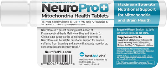 Best 365 Labs NeuroPro+ Maximum Strength Mitochondria Health Tablets - Methylene Blue and Vitamin C - Fast Acting Neuro Support - Improve Focus and Memory - 60 Tablets