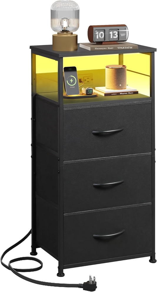 WLIVE LED Nightstand with Charging Station, Black Night Stand with 3 Fabric Drawers and Storage Shelf, Small Dresser for Small Space, 31.9" H Bedside Table with USB Ports and Outlets for Bedroom