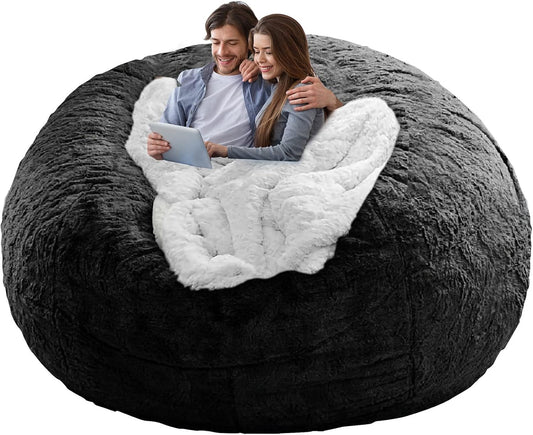 YudouTech Bean Bag Chair Cover(Cover Only,No Filler),Big Round Soft Fluffy PV Velvet Washable Bean Bag Lazy Sofa Bed Cover for Adults,Living Room Bedroom Furniture Outside Cover,5ft black.