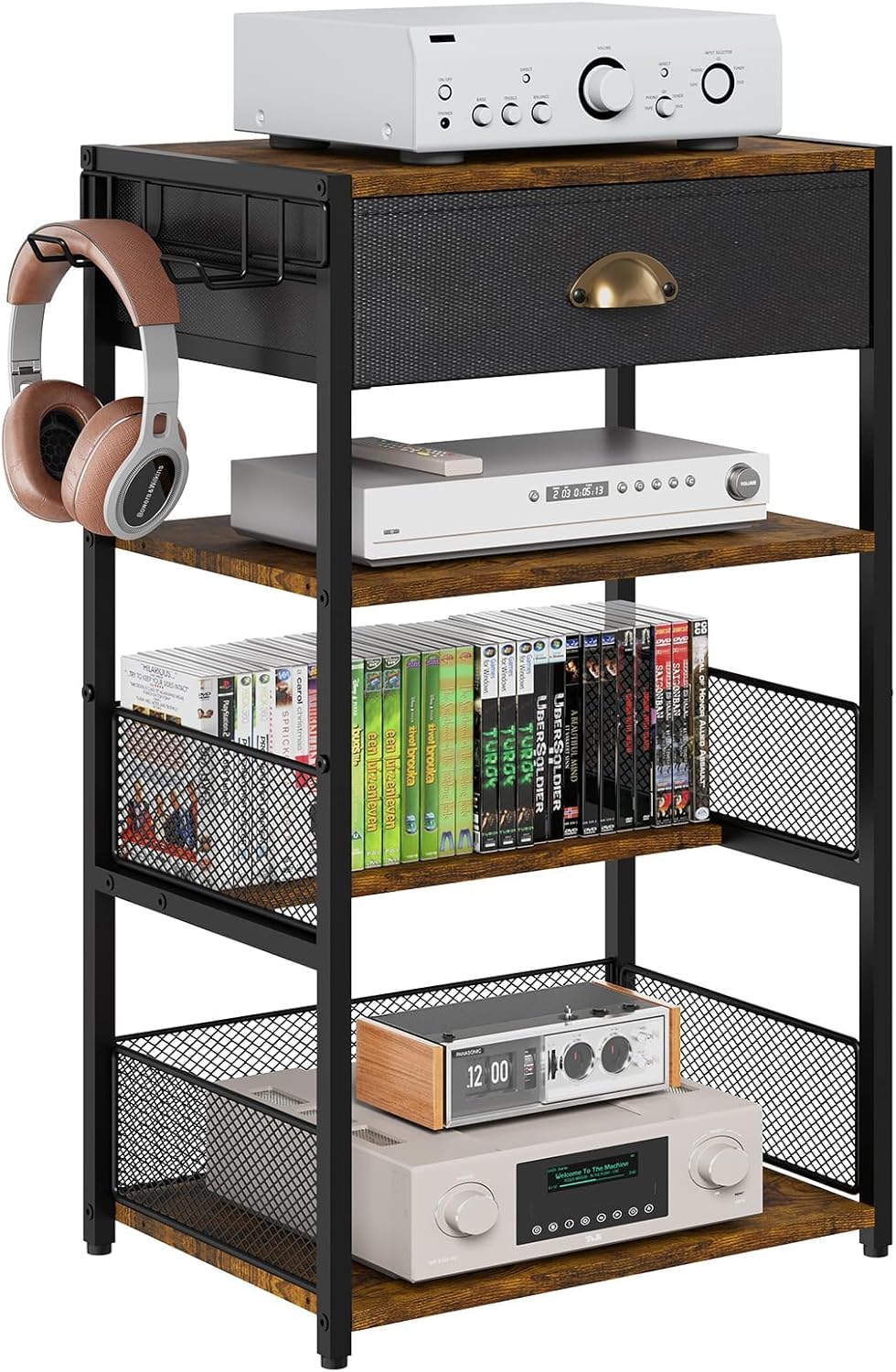 4-Tier AV Media Stand with Drawer, Video Game Console Shelf with 2 Hooks, Audio Rack Tower Perfect for/Xbox/ PS5/Switch/Game Consoles/DVD/Record Player/Projector/Sky Box/TV Accessories