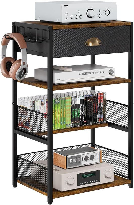 4-Tier AV Media Stand with Drawer, Video Game Console Shelf with 2 Hooks, Audio Rack Tower Perfect for/Xbox/ PS5/Switch/Game Consoles/DVD/Record Player/Projector/Sky Box/TV Accessories