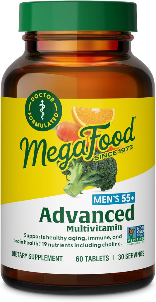 MegaFood Men's 55+ Advanced Multivitamin for Men - Doctor-Formulated -Choline, Vitamin D, Vitamin B12 \u2013 Plus Real Food \u2013 Brain Health Supplement for Adults & Immune Support - 120 Tabs (60 Servings)