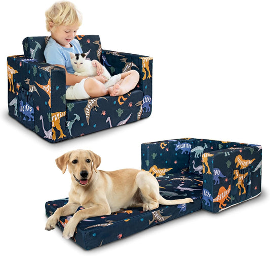 Beavtaens Kids Couch, 2-in-1 Kids Fold Out Couch, Convertible Kids Sofa to Lounger for Girls and Boys, Soft Toddler Chairs Comfy 1-3 Years Old (Dinosaur)