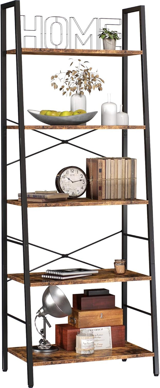 Yusong Ladder Bookshelf, BooksShelf Ladder Shelf, 5-Tier Bookcase for Bedroom, Industrial Book Shelves Storage Rack with Metal Frame for Home Office, Rustic Brown