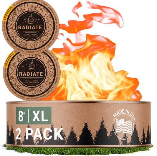 Radiate 2 Pack XL 8" Portable Campfire As Seen On Shark Tank - Up to 5 Hours of Burn Time - Reusable Travel Fire Pit for Camping, Patios and Beach Days - Great Alternative to a Real Fire - Made in USA