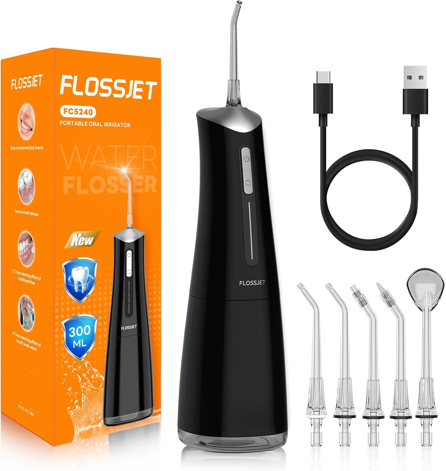 FLOSSJET Water Dental Flosser Teeth Pick Cordless Oral Irrigator with 300ml 5 Tips 4 Modes USBCharger Portable Travle Irrigation Cleaner IPX7 Electric Irrigador Dental for Teeth Cleaning (Black)