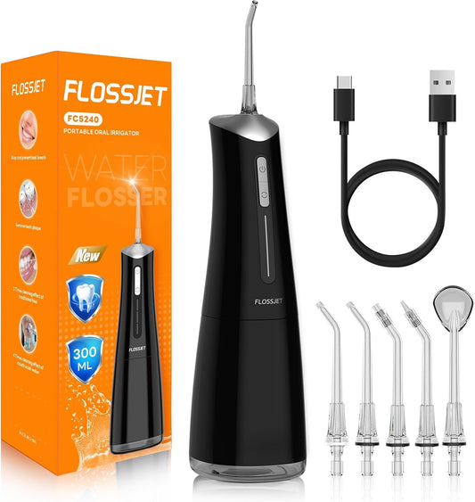FLOSSJET Water Dental Flosser Teeth Pick Cordless Oral Irrigator with 300ml 5 Tips 4 Modes USBCharger Portable Travle Irrigation Cleaner IPX7 Electric Irrigador Dental for Teeth Cleaning (Black)