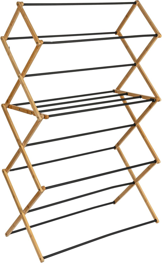Household Essentials Bamboo Folding Clothes Drying Rack, Upscale Laundry Rack with 14 Coated Metal Dowels
