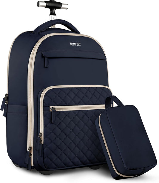 ZOMFELT Rolling Backpack for Women Men, Travel Backpack with Wheels, 17 Inch Laptop Backpack with Toiletry Bag, Carry on Luggage Wheeled Backpack for Travel Trip Business Blue