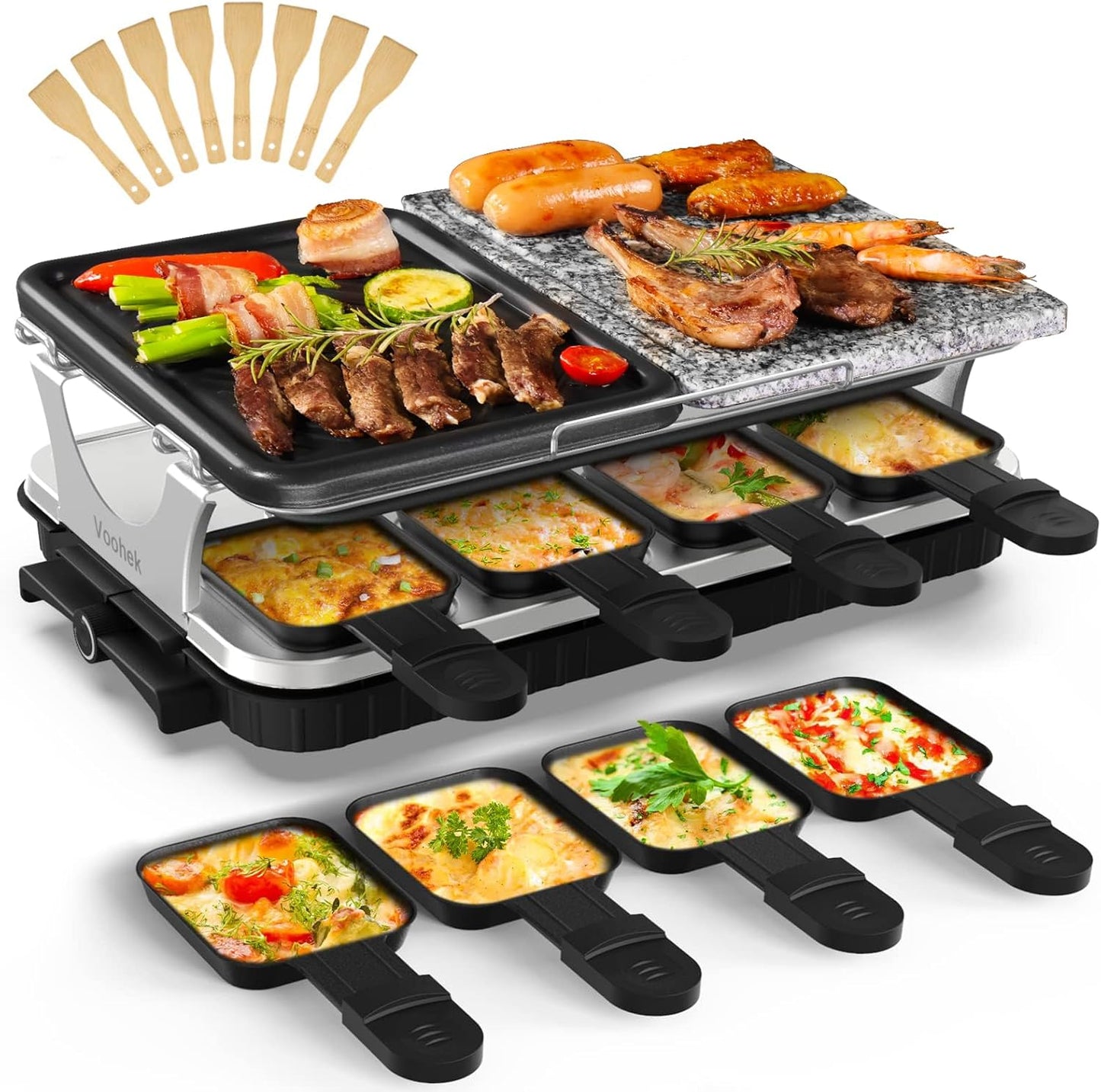 Voohek Korean BBQ Grill Raclette Grill Smokeless Indoor Grill Electric Grill Hibachi Grill 2 in 1 Nonstick Grilling Plate & Cooking Stone Adjustable Temperature 8 Raclette Pans 8 Wooden Spatulas 1300W