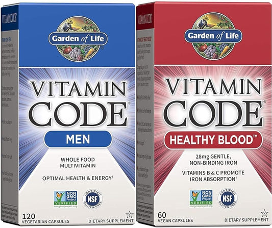 Garden of Life Vitamin Code Whole Food Multivitamin for Men, Fruit & Veggie Blend and Probiotics for Energy, Heart, Prostate Health, 120 Count & althy Blood 60ct Capsules