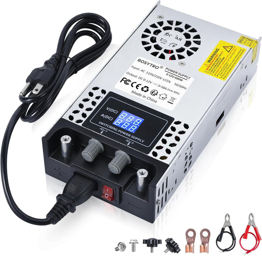 BOSYTRO AC to DC Converter 110V-12V DC Power Supply Adjustable 0-12V 0-50A SMPS Max 600W Switching Power Supply for Led Strip, Motor Pump, CCTV, 3D Printer, Lab Computer