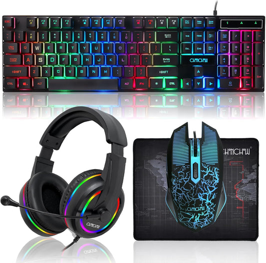 Gaming LED Keyboard Mouse Headset and Mousepad Bundle, CHONCHOW Wired Rainbow LED Light Up Gaming Keyboard Mouse Headset, Value 4 in 1 Gaming Set for Xbox PS4 PS5 PC Laptop Gamer