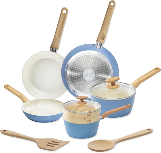 GoodCook 10-Piece Healthy Ceramic Titanium-Infused Cookware Set, Light Blue \u2013 Pots, Pans, Steamer, Spoon & Turner \u2013 Induction Cookware, Kitchen Pots & Pans Set, Nonstick Cooking Pan Set