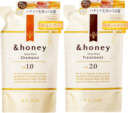 &honey Deep Moist Repair Japanese Shampoo & Conditioner Refill Set | 350 mL each | Made with Argan Oil, Honey, Royal Jelly, & Hyaluronic Acid | Free of Sulfates, Parabens, Silicon, Mineral Oils