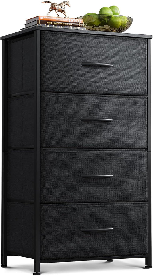 AODK Dresser for Bedroom with 4 Storage Drawers, Small Dresser Chest of Drawers Fabric Dresser with Sturdy Steel Frame, Black