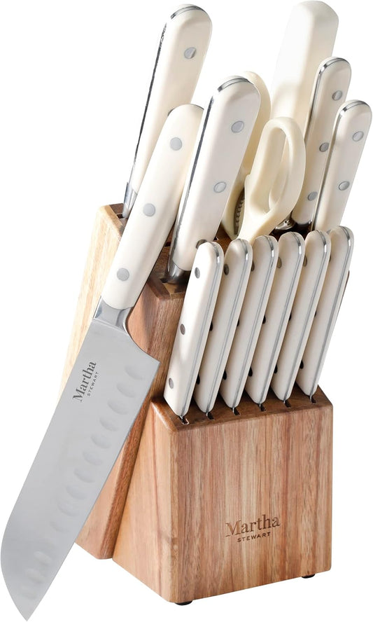 Martha Stewart Ruxton 14 Piece High Carbon Stainless Steel Cutlery Knife Block Set w\/ABS Triple Riveted Forged Handle Ashwood Block - Linen