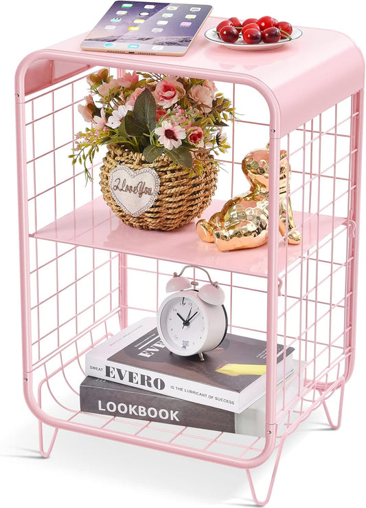 APEXCHASER Cute Pink Nightstand,Metal Side Table,3 Tier End Table with Storage,Vintage Bedside Table,Girls Bedroom Furniture,Coffee Table for Living Room,Bedroom,Dorm
