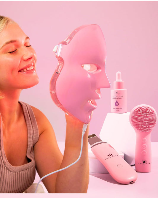 LED Face Mask Light Therapy Premium Spa Kit (4 Pcs) - Ultrasonic Scrubber, Sonic Brush & Green Tea Serum - 7 Colors (Blue & Red) Light Therapy Mask -Spa Light Therapy Facial- Mothers Day Gifts for Mom