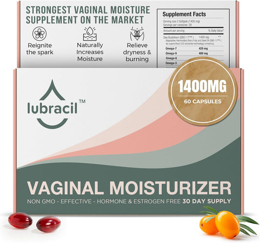 Lubracil Daily Vaginal Moisturizer for Feminine Care - Helping with Vaginal Atrophy, Dryness and Itchiness with Sea Buckthorn Oil, Omegas 6, 7, & 9, Vitamins A & E - 60 Wet Pills