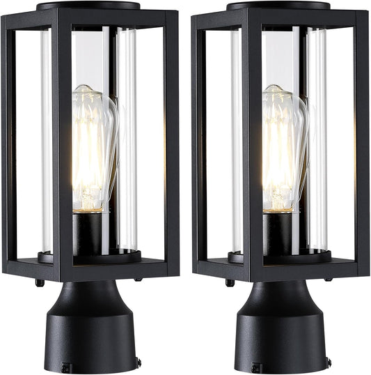 Outdoor Post Lights Lamp Post Light Fixture 2 Pack, Modern Black Exterior Post Lantern Fixture with Tempered Glass, Anti-Rust Aluminum Light Posts for Outside for Driveway Patio Garden