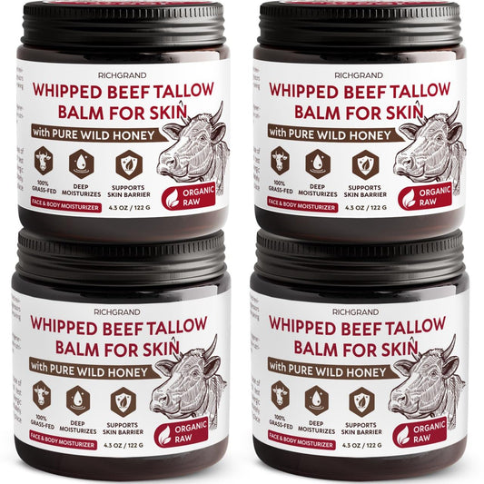 RICHGRAND Beef Tallow for Skin, 4 Pack (17.2 fl oz) - Whipped Grass-Fed Moisturizer with Wild Honey & Beeswax, Natural Face & Body Care, Deep Hydration, Anti-Aging, Sensitive Skin Safe